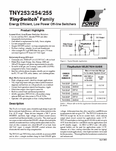 POWER Integrations, Inc. TNY253/254/255 Energy Efficient, Low Power Off-line Switchers